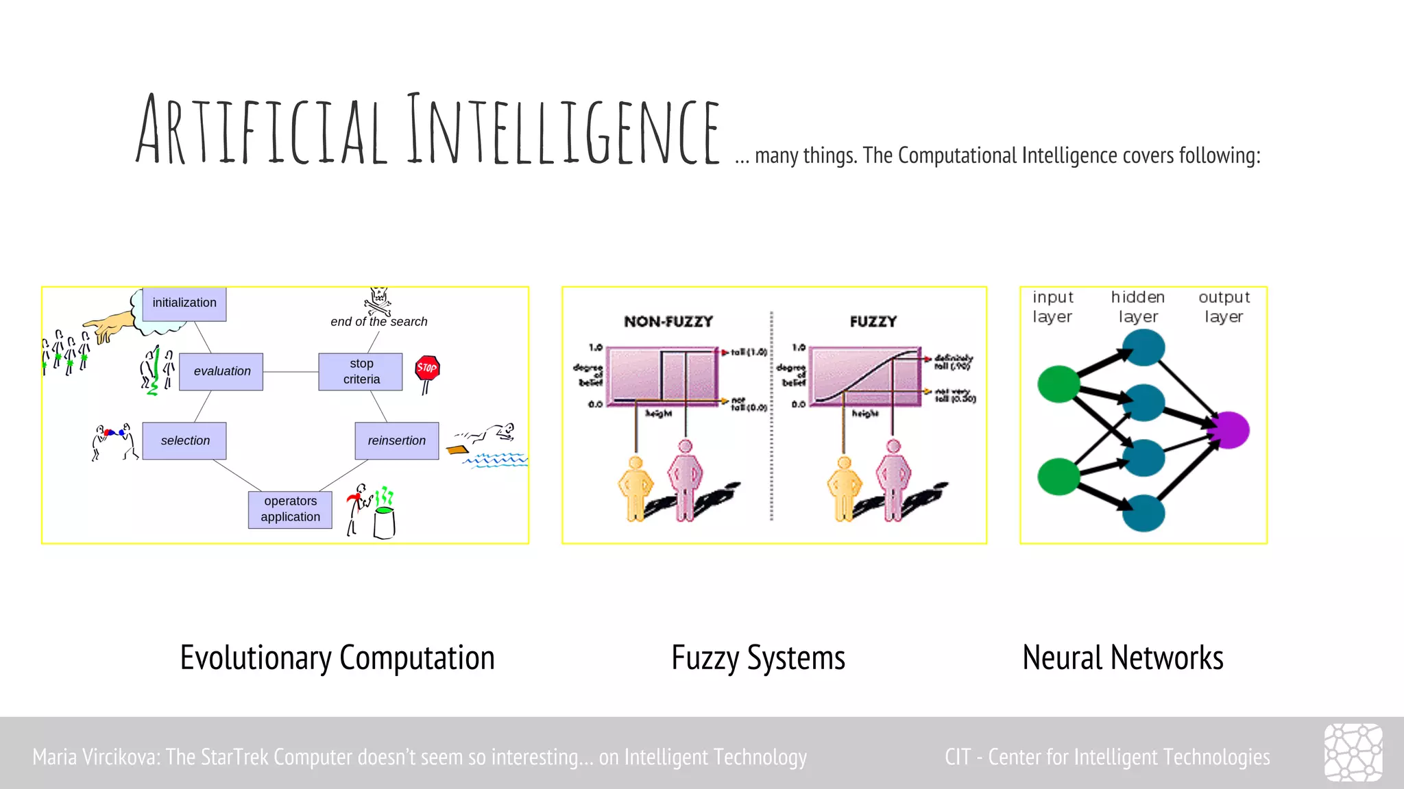 Artificial Intelligence … many things. The Computational Intelligence covers following: 
Evolutionary Computation Fuzzy Systems Neural Networks 
Maria Vircikova: The StarTrek Computer doesn’t seem so interesting… on Intelligent Technology CIT - Center for Intelligent Technologies 
 