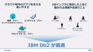 IBM Cloud1
クラウド時代のアプリを支える
使いやすさ
DBインフラに着目したときに
聞かれる課題やお困りごと
IBM Db2 が最適
プラットフォーム・フリー
言語・フリー
あらゆる言語OK/方言なし
メンテナンス・フリー 高額 環境が無い
手が回らない
スキル習得
流行ものを選ん
だが逆に大変
 