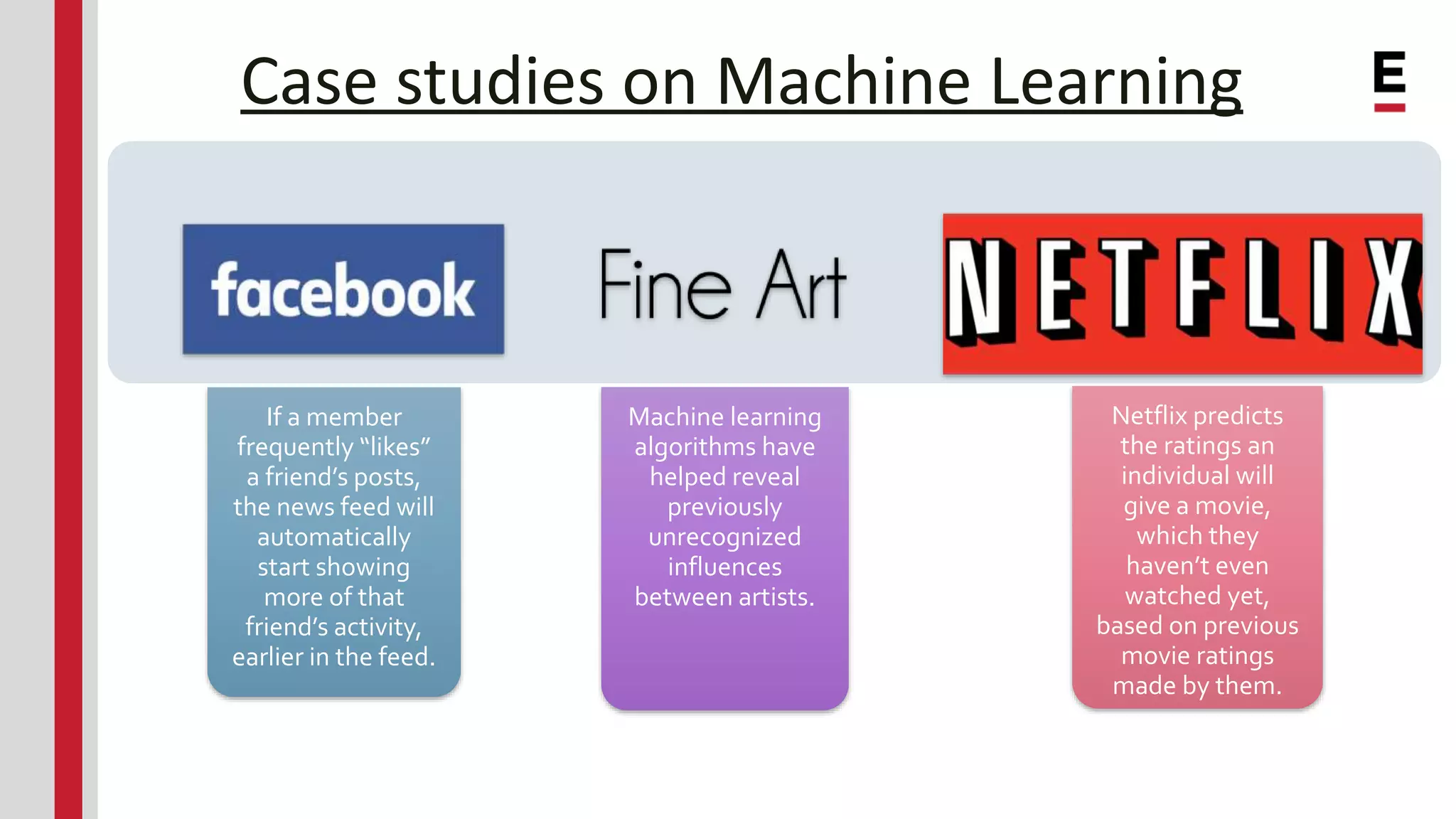 Case studies on Machine Learning If a member frequently “likes” a friend’s posts, the news feed will automatically start showing more of that friend’s activity, earlier in the feed. Machine learning algorithms have helped reveal previously unrecognized influences between artists. Netflix predicts the ratings an individual will give a movie, which they haven’t even watched yet, based on previous movie ratings made by them. 