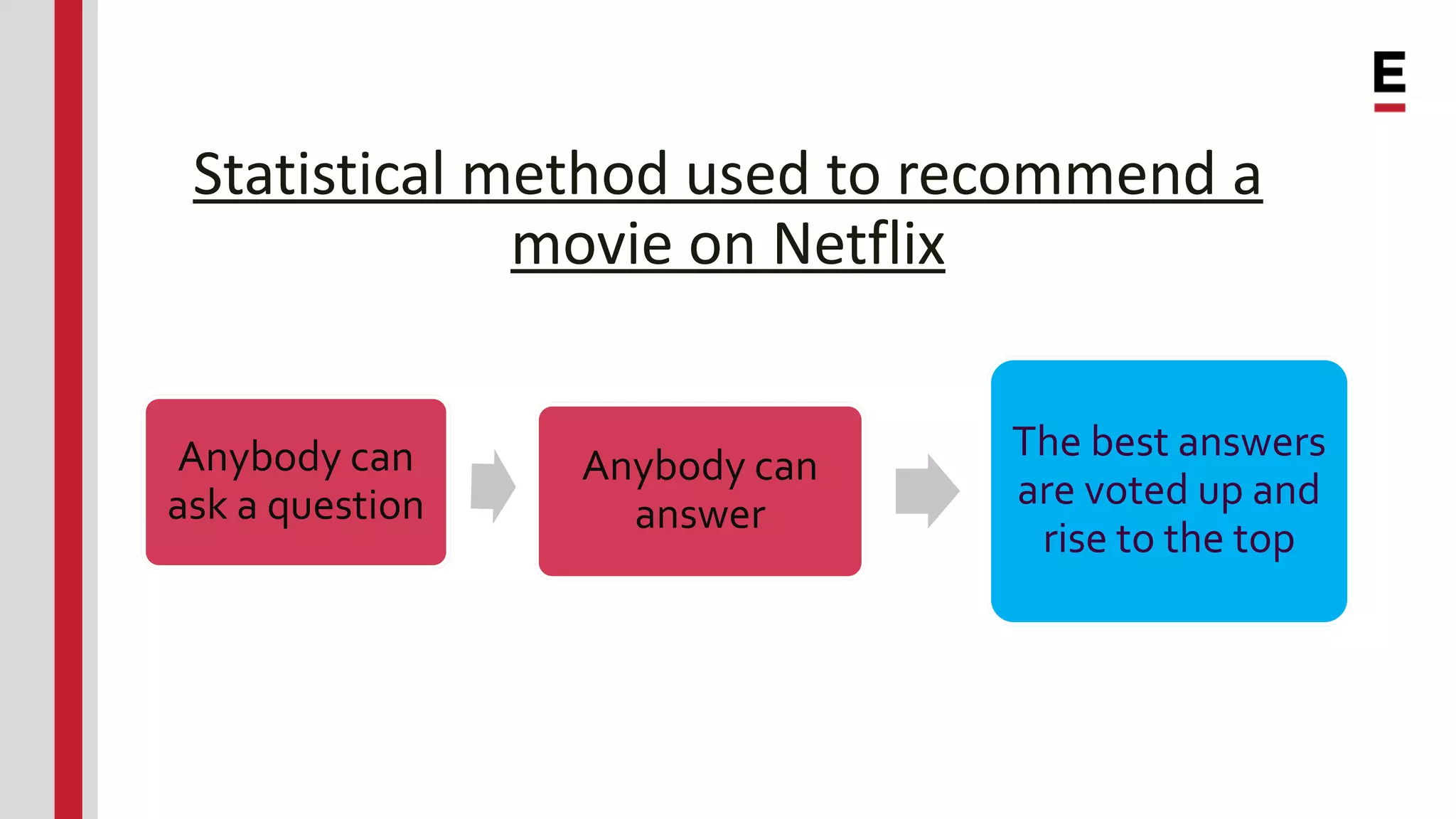 Statistical method used to recommend a movie on Netflix Anybody can ask a question Anybody can answer The best answers are voted up and rise to the top 