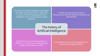 The history of Artificial Intelligence (AI) began
years ago.There were stories, myths, and
rumours of artificial beings gr...