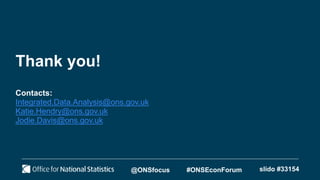 Thank you!
Contacts:
Integrated.Data.Analysis@ons.gov.uk
Katie.Hendry@ons.gov.uk
Jodie.Davis@ons.gov.uk
@ONSfocus #ONSEconForum slido #33154
 