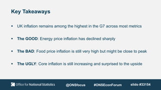 Key Takeaways
 UK inflation remains among the highest in the G7 across most metrics
 The GOOD: Energy price inflation has declined sharply
 The BAD: Food price inflation is still very high but might be close to peak
 The UGLY: Core inflation is still increasing and surprised to the upside
@ONSfocus #ONSEconForum slido #33154
 