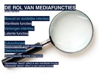 DE ROL VAN MEDIAFUNCTIES
ANALYSEREN


Bewust en duidelijke intenties:
Manifeste functies
Verborgen intenties:
Latente functies

Eufunctioneel
Maatschappelijk goede organisatie

Disfunctioneel
Maatschappelijk slechte organisatie


Opzettelijke ‘slecht’ effect is een manifeste functie,
onbedoeld ‘slecht’ effect is een latente functie
 