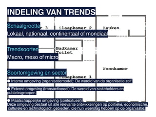 INDELING VAN TRENDS
Schaalgrootte
Lokaal, nationaal, continentaal of mondiaal

Trendsoorten
Macro, meso of micro

Soortomgeving en sector
● Interne omgeving (organisatiemodel): De wereld van de organisatie zelf.

● Externe omgeving (transactioneel): De wereld van stakeholders en
publieksgroepen.

● Maatschappelijke omgeving (contextueel):
Deze omgeving bestaat uit alle relevante ontwikkelingen op politieke, economische,
culturele en technologisch gebieden, die hun weerslag hebben op de organisatie.
 