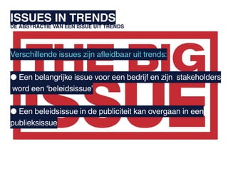 ISSUES IN TRENDS
DE ABSTRACTIE VAN EEN ISSUE UIT TRENDS




Verschillende issues zijn afleidbaar uit trends:

● Een belangrijke issue voor een bedrijf en zijn stakeholders
word een ‘beleidsissue’

● Een beleidsissue in de publiciteit kan overgaan in een
publieksissue
 