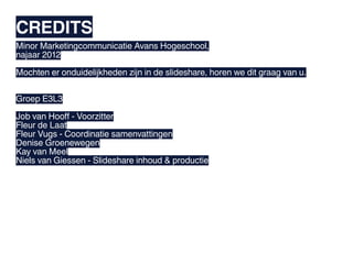 CREDITS
Minor Marketingcommunicatie Avans Hogeschool,
najaar 2012

Mochten er onduidelijkheden zijn in de slideshare, horen we dit graag van u.


Groep E3L3

Job van Hooff - Voorzitter
Fleur de Laat
Fleur Vugs - Coordinatie samenvattingen
Denise Groenewegen
Kay van Meel
Niels van Giessen - Slideshare inhoud & productie
 