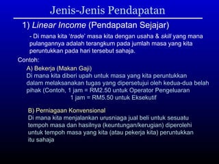 Jenis-Jenis Pendapatan 1)  Linear Income  (Pendapatan Sejajar) - Di mana kita ‘ trade ’ masa kita dengan usaha &  skill  yang mana  pulangannya adalah terangkum pada jumlah masa yang kita  peruntukkan pada hari tersebut sahaja.  Contoh: A) Bekerja (Makan Gaji)   Di mana kita diberi upah untuk masa yang kita peruntukkan dalam melaksanakan tugas yang dipersetujui oleh kedua-dua belah pihak (Contoh, 1 jam = RM2.50 untuk Operator Pengeluaran 1 jam = RM5.50 untuk Eksekutif B) Perniagaan Konvensional Di mana kita menjalankan urusniaga jual beli untuk sesuatu  tempoh masa dan hasilnya (keuntungan/kerugian) diperolehi untuk tempoh masa yang kita (atau pekerja kita) peruntukkan itu sahaja   