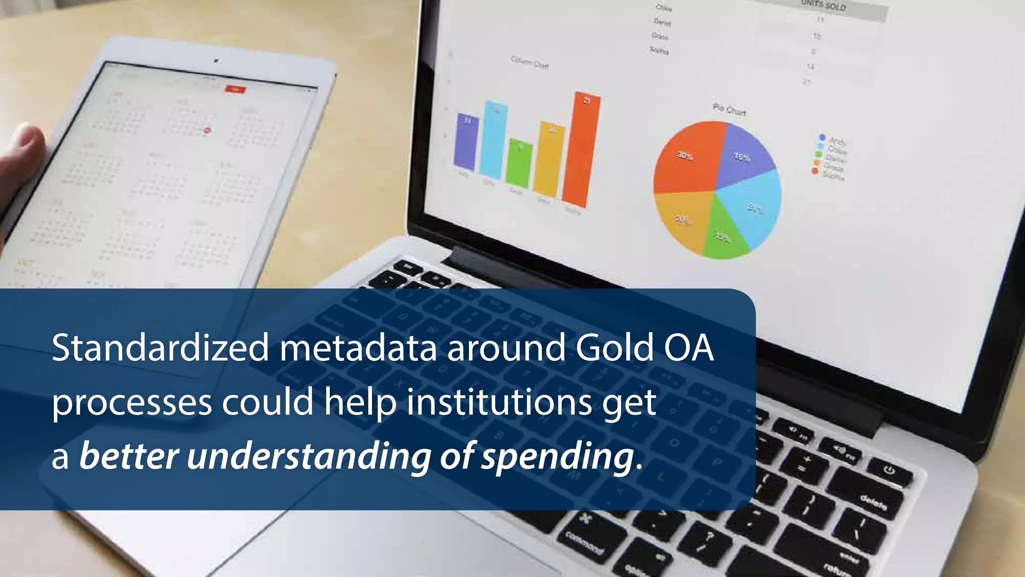 Standardized metadata around Gold OA
processes could help institutions get
a better understanding of spending.
 