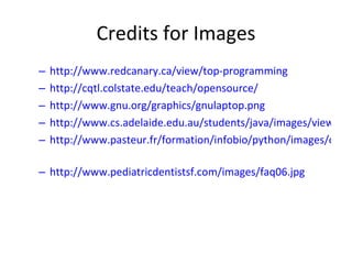 Credits for Images http://www.redcanary.ca/view/top-programming http://cqtl.colstate.edu/teach/opensource/ http://www.gnu.org/graphics/gnulaptop.png http://www.cs.adelaide.edu.au/students/java/images/viewpoints.gif http://www.pasteur.fr/formation/infobio/python/images/compiler_interpreter.png   http://www.pediatricdentistsf.com/images/faq06.jpg 