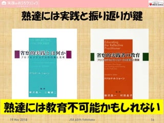 熟達には実践と振り返りが鍵
19 May 2018 JSA_65th_Yokohama 16
熟達には教育不可能かもしれない
 