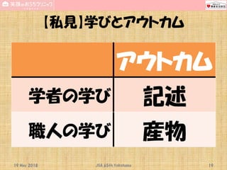 【私見】学びとアウトカム
アウトカム
学者の学び 記述
職人の学び 産物
19 May 2018 JSA_65th_Yokohama 19
 