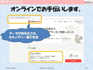 オンラインでお手伝いします。
19 May 2018 JSA_65th_Yokohama 56
データが暗号化され、
セキュリティー面で安全
 