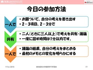 今日の参加方法
一人で
•お題ついて、自分の考えを書き出す
•2－3項目、2－3分で
共有
•二人（ときに三人以上）で考えを共有・議論
•一度に話す時間は1分以内です。
一人で
•議論の結果、自分の考えをまとめる
•最初のメモとの変化を明らかにする
18 Sep 2015 National SUN2015 17
 
