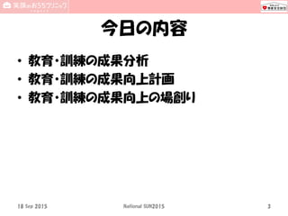 今日の内容
• 教育・訓練の成果分析
• 教育・訓練の成果向上計画
• 教育・訓練の成果向上の場創り
18 Sep 2015 National SUN2015 3
 