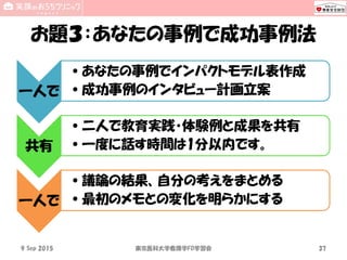 お題３：あなたの事例で成功事例法
一人で
•あなたの事例でインパクトモデル表作成
•成功事例のインタビュー計画立案
共有
•二人で教育実践・体験例と成果を共有
•一度に話す時間は1分以内です。
一人で
•議論の結果、自分の考えをまとめる
•最初のメモとの変化を明らかにする
18 Sep 2015 National SUN2015 37
 
