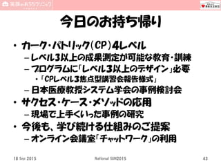 今日のお持ち帰り
• カーク・パトリック（CP）４レベル
– レベル3以上の成果測定が可能な教育・訓練
– プログラムに「レベル３以上のデザイン」必要
• 「CPレベル３焦点型講習会報告様式」
– 日本医療教授システム学会の事例検討会
• サクセス・ケース・メソッドの応用
– 現場で上手くいった事例の研究
• 今後も、学び続ける仕組みのご提案
– オンライン会議室「チャットワーク」の利用
18 Sep 2015 National SUN2015 43
 