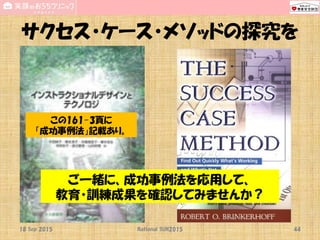 サクセス・ケース・メソッドの探究を
18 Sep 2015 National SUN2015 44
この161-3頁に
「成功事例法」記載あり。
ご一緒に、成功事例法を応用して、
教育・訓練成果を確認してみませんか？
 