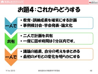 お題４：これからどうする
一人で
•教育・訓練成果を確実にする計画
•事例検討会・学会発表・論文化
共有
•二人で計画を共有
•一度に話す時間は1分以内です。
一人で
•議論の結果、自分の考えをまとめる
•最初のメモとの変化を明らかにする
18 Sep 2015 National SUN2015 48
 