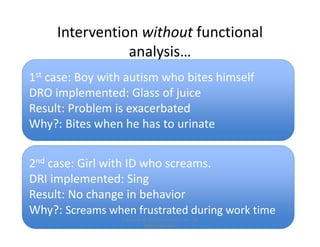 Intervention without functional 
analysis…
1st case: Boy with autism who bites himself
DRO implemented: Glass of juice 
Result: Problem is exacerbated
Why?: Bites when he has to urinate
2nd case: Girl with ID who screams.
DRI implemented: Sing
Result: No change in behavior
Why?: Screams when frustrated during work time 
Copyright © 2014 Bilinguistics, Inc.  All 
Rights Reserved.
 