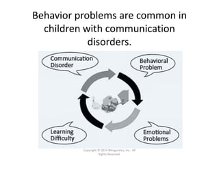 Behavior problems are common in 
children with communication 
disorders.
Copyright © 2014 Bilinguistics, Inc.  All 
Rights Reserved.
 