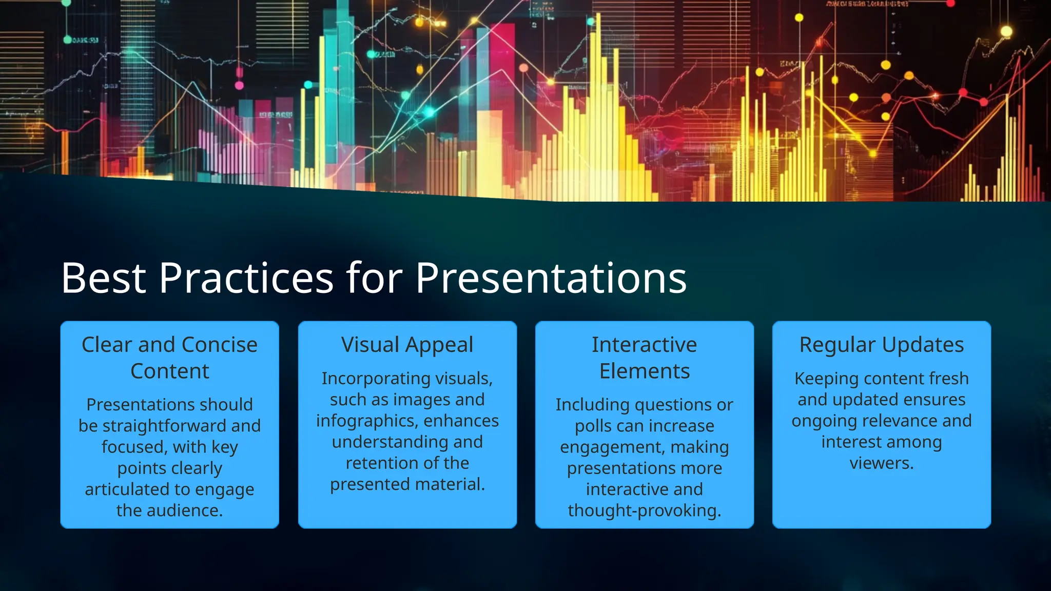 Regular Updates
Presentations should
be straightforward and
focused, with key
points clearly
articulated to engage
the audience.
Best Practices for Presentations
Including questions or
polls can increase
engagement, making
presentations more
interactive and
thought-provoking.
Clear and Concise
Content Keeping content fresh
and updated ensures
ongoing relevance and
interest among
viewers.
Incorporating visuals,
such as images and
infographics, enhances
understanding and
retention of the
presented material.
Visual Appeal Interactive
Elements
 