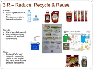 3 R – Reduce, Recycle & Reuse
Reduce
• Light weight the current
format
• Remove unnecessary
layers of packaging
Recycle
• Use of recycled materials
• Recyclable packaging
materials via available
infrastructure
Reuse
• Designed “after use”
reusability for durable
products such as glass
and metal. More durable
products “collectables”
 