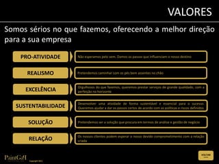 VALORES
Somos sérios no que fazemos, oferecendo a melhor direção
para a sua empresa
    PRO-ATIVIDADE       Não esperamos pelo vem. Damos os passos que influenciam o nosso destino



      REALISMO          Pretendemos caminhar com os pés bem assentes no chão


                        Orgulhosos do que fazemos, queremos prestar serviços de grande qualidade, com a
      EXCELÊNCIA        perfeição no horizonte


                        Desenvolver uma atividade de forma sustentável e essencial para o sucesso.
   SUSTENTABILIDADE     Queremos ajudar a dar os passos certos de acordo com as políticas e riscos definidos



       SOLUÇÃO          Pretendemos ser a solução que procura em termos de análise e gestão de negócio


                        Os nossos clientes podem esperar o nosso devido comprometimento com a relação
       RELAÇÃO          criada


                                                                                                         VOLTAR
                                                                                                           (CLIQUE)


       Copyright 2011
 