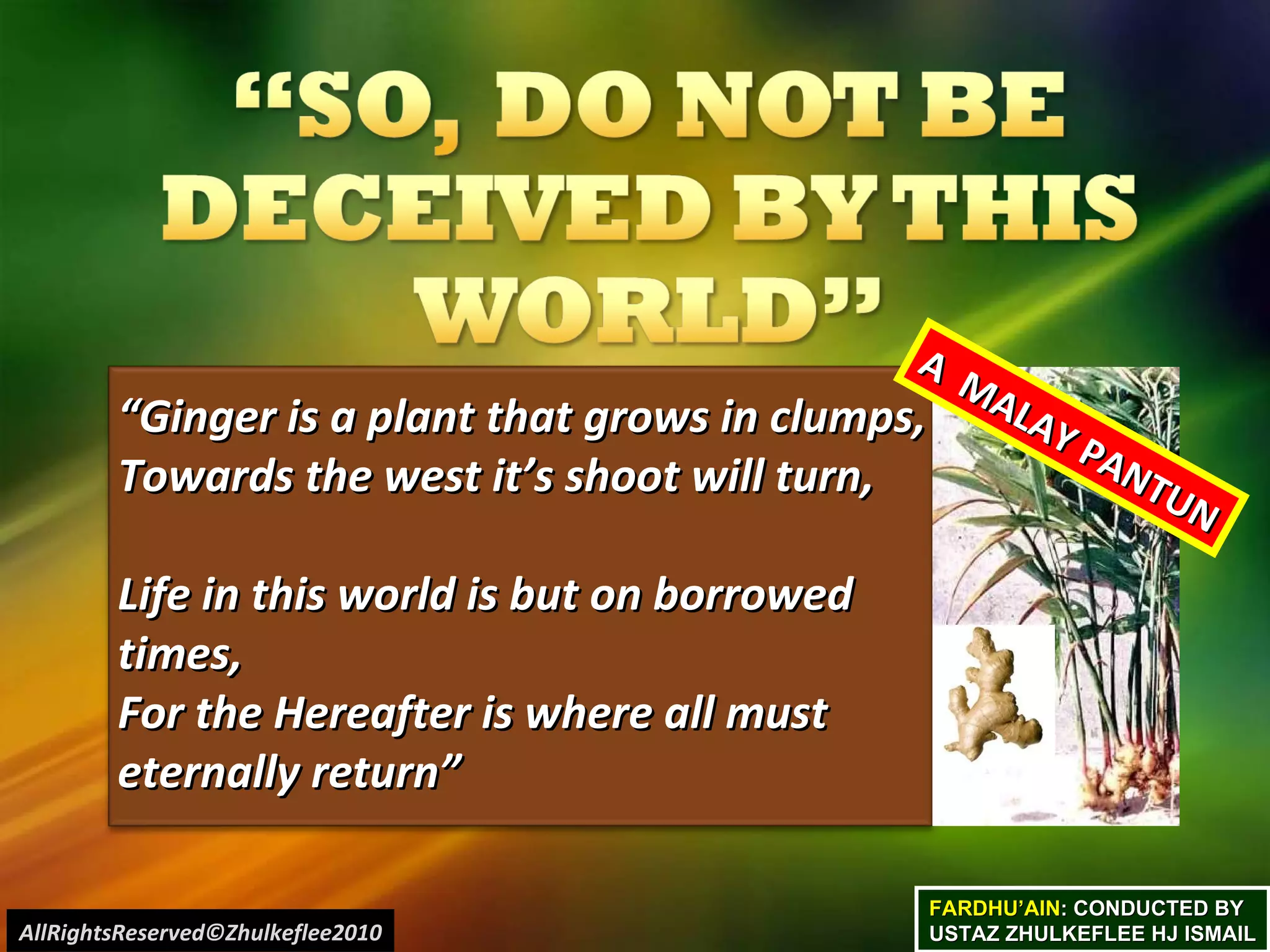 FARDHU’AIN : CONDUCTED BY USTAZ ZHULKEFLEE HJ ISMAIL “ Ginger is a plant that grows in clumps,  Towards the west it’s shoot will turn,  Life in this world is but on borrowed times,  For the Hereafter is where all must eternally return”   A  MALAY PANTUN AllRightsReserved©Zhulkeflee2010 