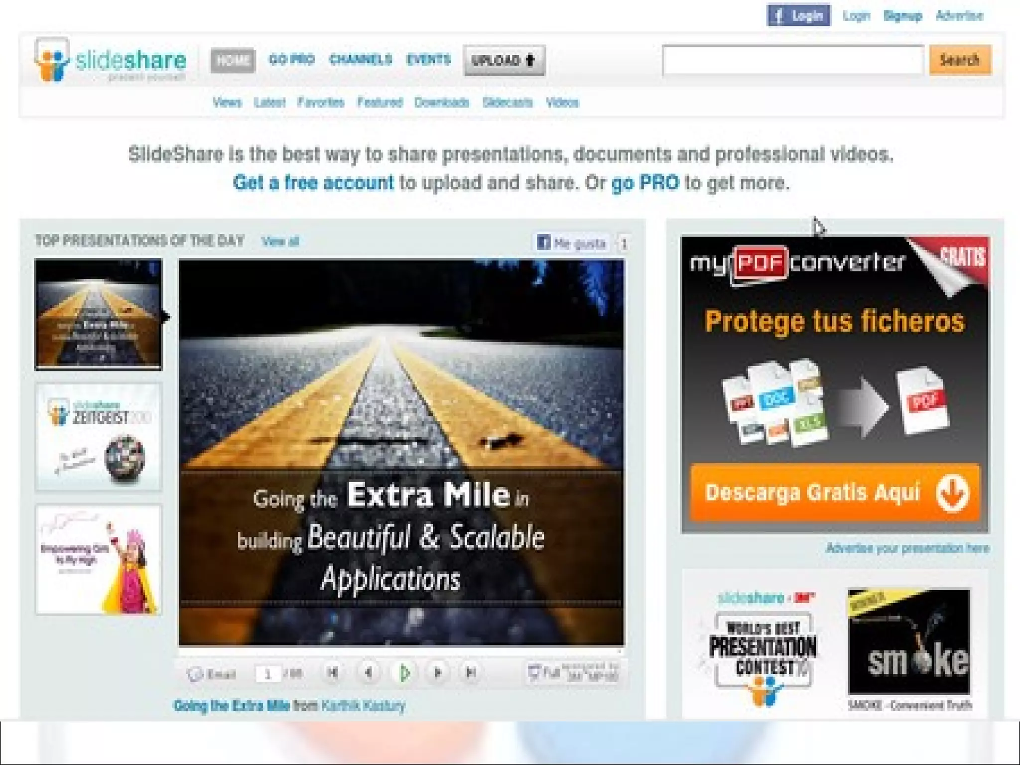 Slideshare admite archivos en formato ppt, pps, pptx, ppsx, odp (OpenOffice), PDF... así como documentos de texto realizados en Microsoft Word (formatos doc y docx) o en OpenOffice (formatos odt y ods), Apple iWorks Pages y hojas de cálculo Excel. También admite variados formatos de vídeo (aunque el servicio no se caracterice precisamente por el alojamiento de estos archivos multimedia) como mp4, wimv, mpeg, avi, mov, mkv (h.264), ogg, asf, vob, 3gp, rm y flv. Eso sí: se pierden los efectos y transiciones que hayas realizado con el programa de presentaciones y sólo es posible avanzar un slide o diapositiva por vez. El límite de espacio de subida de archivos es de 100 MB ya sean documentos, presentaciones o vídeos.   