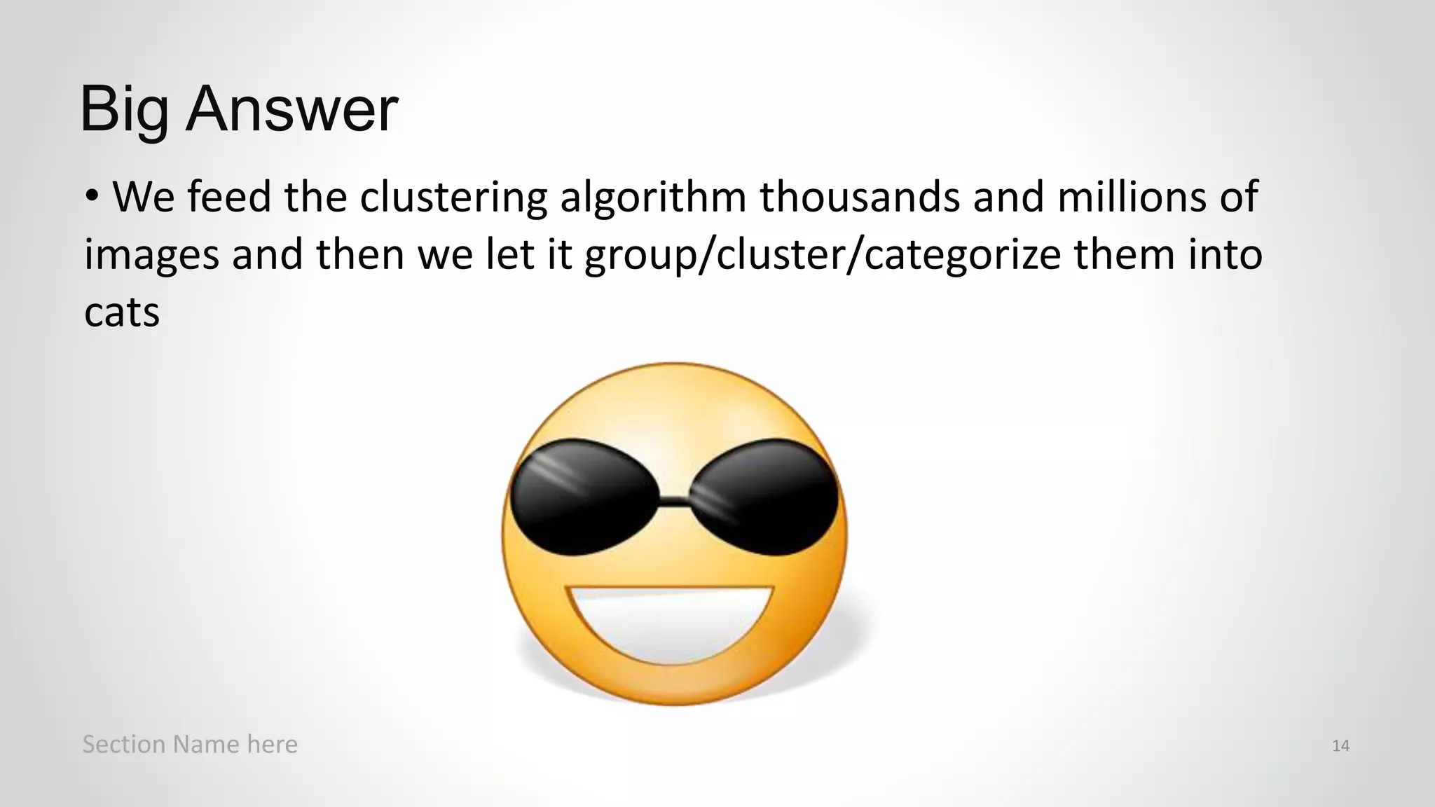 • We feed the clustering algorithm thousands and millions of
images and then we let it group/cluster/categorize them into
cats
Big Answer
Section Name here 14
 