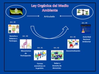 Articulado
Art. 39
Art. 40Derecho y
Deberes a
Participar.
Mecanismos
de
Participación
Art. 41
Formas
asociativas en
la gestión.
Art. 42
Deber y
Derecho de
denuncias.
Art. 43
Descentralización
Art. 44
Autoridad
Nacional
Ambiental
 