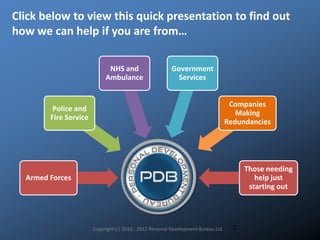 Click below to view this quick presentation to find out
how we can help if you are from…

                             NHS and                     Government
                            Ambulance                      Services


                                                                                    Companies
         Police and
                                                                                      Making
        Fire Service
                                                                                   Redundancies




                                            Personal                                     Those needing
  Armed Forces                            Development                                       help just
                                             Bureau                                       starting out




                       Copyright (c) 2010,- 2012 Personal Development Bureau Ltd     1
 