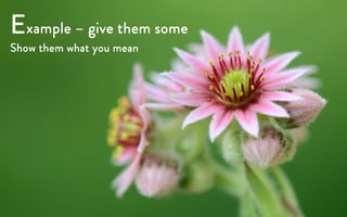 Examples – give them some
Show them what you mean
 