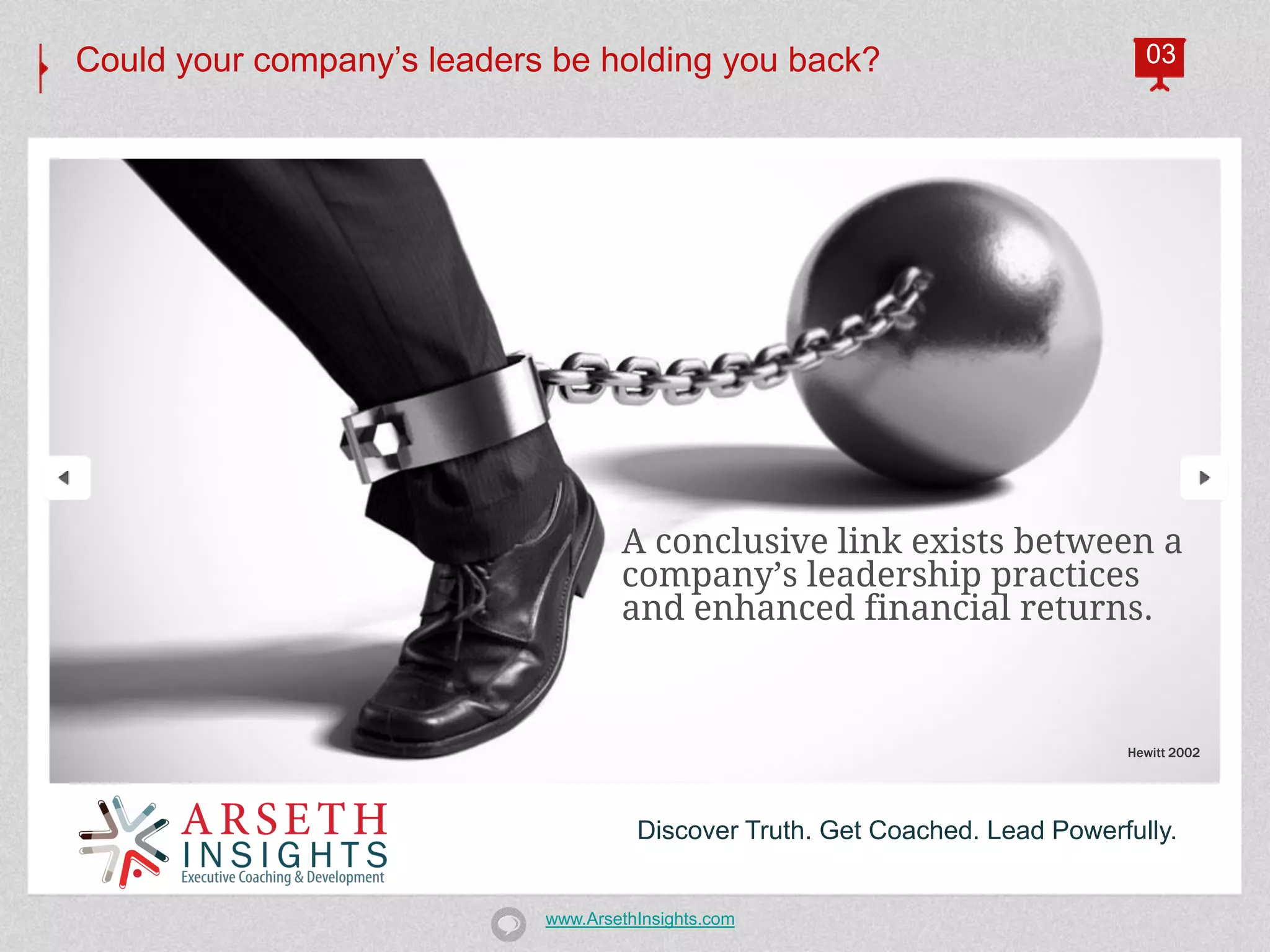 Could your company’s leaders be holding you back?                               03




                                    A conclusive link exists between a
                                    company’s leadership practices
                                    and enhanced financial returns.


                                                                              Hewitt 2002




                                      Discover Truth. Get Coached. Lead Powerfully.


                            www.ArsethInsights.com
 