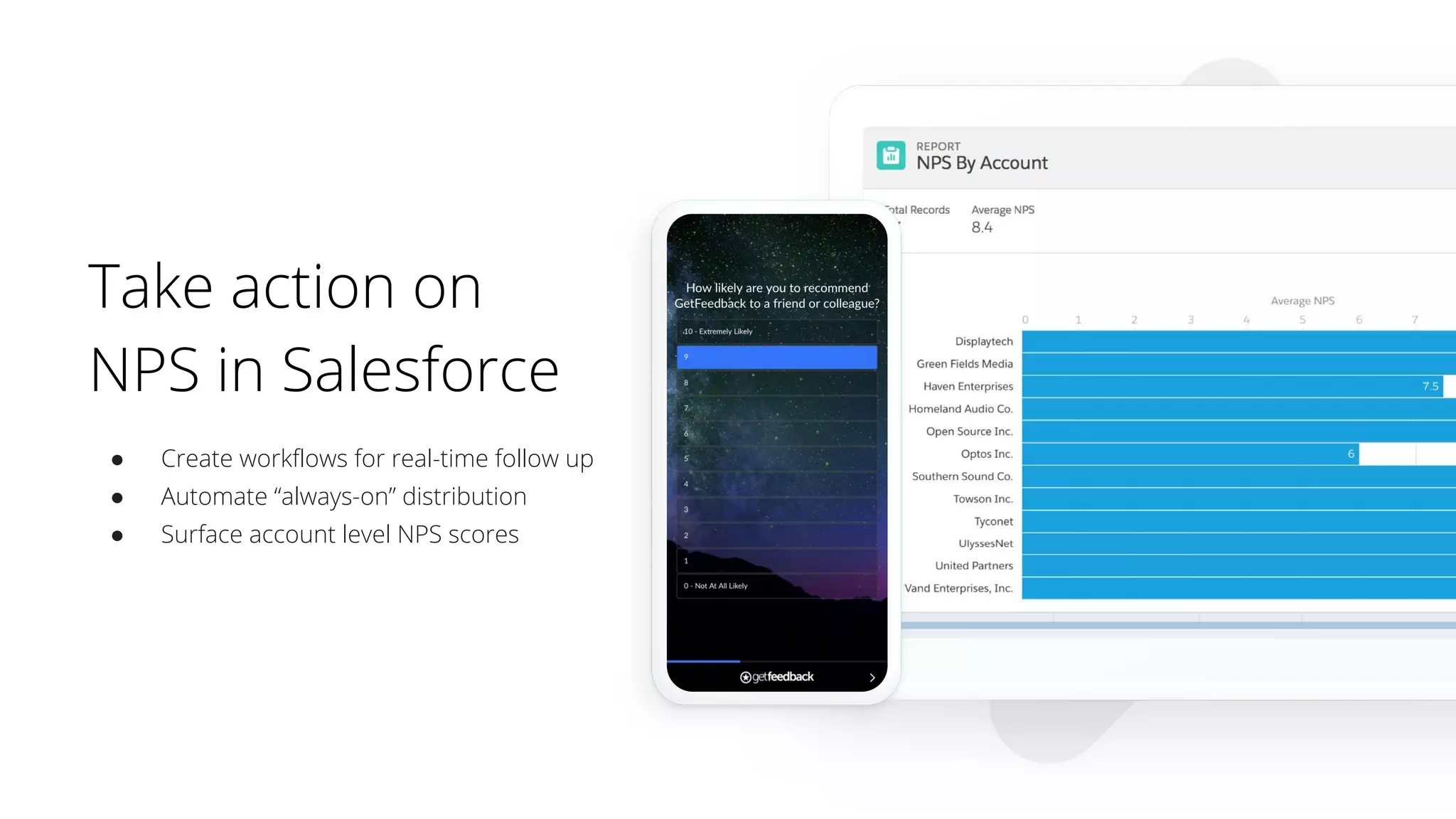 Take action on
NPS in Salesforce
● Create workflows for real-time follow up
● Automate “always-on” distribution
● Surface account level NPS scores
 