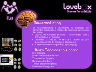 Loveb .x
                                                                Success Fee mkt biz

Flirt
          Neuromarketing
         O	
   Neuromarketing	
   é	
   importante	
   na	
   deﬁnição	
   dos	
  
         elementos	
   essenciais	
   à	
   criação	
   da	
   estratégia	
   das	
   Marcas	
  
         tais	
  como:	
  
        •  Actividade	
   Cerebral	
   In-­‐Time	
   	
   sincronizada	
   com	
   a	
  
             informação	
  a	
  ser	
  testada;	
  	
  
        •  A n á l i s e	
   a	
   V i d e o ;	
   W e b s i t e ´ s ,	
   P u b l i c i d a d e ,	
  
             posicionamento	
  do	
  produto	
  e	
  degustação.	
  
        •  Desenvolvimento	
  do	
  produto	
  e	
  packaging;	
  

          Utiliza Técnicas tais como:
        Eye-­‐Tracking	
  
        Medição	
  Galvânica	
  da	
  Pele	
  
        Temperatura	
  Corporal	
  
        Batimento	
  Cardíaco	
  
        Tensão	
  Electromiográﬁca	
  
        Electroencefalograma	
  
 