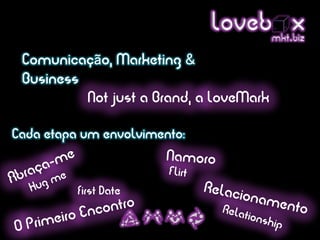 Loveb .x    mkt biz

 Comunicaç o, Marketing
 Business
          Not just a Brand, a LoveMark

Cada etapa um envolvimento:
                           Namoro
                           Flirt
              first Date           Relaci
                                            onam
              o Encontro             Relat          ento
    Prime   ir                              ionsh
                                                 ip
O
 