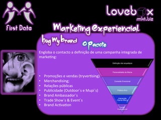 Loveb .x                  mkt biz
First Date


             Engloba	
  o	
  contacto	
  a	
  deﬁnição	
  de	
  uma	
  campanha	
  integrada	
  de	
  
             marke(ng:	
  
             	
                                                            Definição dos arquétipos

             	
  
             	
                                                            Personalidade da Marca

             •  Promoções	
  e	
  vendas	
  (tryver(sing)	
  
             •  Merchandising;	
                                             Conexão Emocional

             •  Relações	
  públicas	
  
             •  Publicidade	
  (Outdoor´s	
  e	
  Mupi´s)	
                      Público-Alvo


             •  Brand	
  Ambassador´s	
  
                                                                                  Interacção
             •  Trade	
  Show´s	
  &	
  Event´s	
                               Cliente-Marca

             •  Brand	
  Ac(va(on	
                                                 Factor
             	
                                                                  Exponencial
 