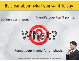 Be clear about what you want to say
What?
Define your theme.
Identify your top 3 points.
Repeat your theme for emphasis.
Copyright 2015. William Arruda/Reach Personal Branding. All Rights Reserved.
 