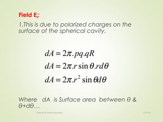 Field E4:
1.This is due to polarized charges on the
surface of the spherical cavity.
Where dA is Surface area between θ &
θ+dθ…
θθπ
θθπ
π
drdA
rdrdA
qRpqdA
sin.2
.sin.2
..2
2
=
=
=
12/16/16Prepared By Soham Kansodaria
 