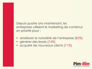 Depuis quatre ans maintenant, les
entreprises utilisent le marketing de contenus
en priorité pour :
 améliorer la notoriété de l’entreprise (82%)
 générer des leads (74%)
 acquérir de nouveaux clients (71%)
 