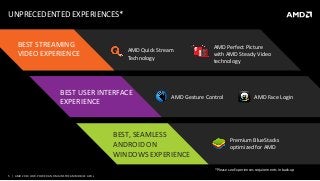 5 | AMD 2014 LOW-POWERAND MAINSTREAM MOBILE APUs
UNPRECEDENTED EXPERIENCES*
BEST STREAMING
VIDEO EXPERIENCE
BEST USER INTERFACE
EXPERIENCE
BEST, SEAMLESS
ANDROID ON
WINDOWS EXPERIENCE
Premium BlueStacks
optimized for AMD
AMD Face LoginAMD Gesture Control
AMD Perfect Picture
with AMD Steady Video
technology
AMD Quick Stream
Technology
*Please see Experiences requirements in back-up
 