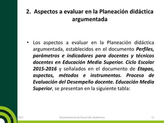 2. Aspectos a evaluar en la Planeación didáctica
argumentada
• Los aspectos a evaluar en la Planeación didáctica
argumentada, establecidos en el documento Perfiles,
parámetros e indicadores para docentes y técnicos
docentes en Educación Media Superior. Ciclo Escolar
2015-2016 y señalados en el documento de Etapas,
aspectos, métodos e instrumentos. Proceso de
Evaluación del Desempeño docente. Educación Media
Superior, se presentan en la siguiente tabla:
20/11/2015 Derpartamento de Desarrollo Académico 11
 