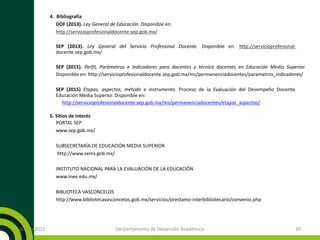 4. Bibliografía
DOF (2013). Ley General de Educación. Disponible en:
http://servicioprofesionaldocente.sep.gob.mx/
SEP (2013). Ley General del Servicio Profesional Docente. Disponible en: http://servicioprofesional-
docente.sep.gob.mx/
SEP (2015). Perfil, Parámetros e Indicadores para docentes y técnico docentes en Educación Media Superior.
Disponible en: http://servicioprofesionaldocente.sep.gob.mx/ms/permanenciadocentes/parametros_indicadores/
SEP (2015) Etapas, aspectos, método e instrumento. Proceso de la Evaluación del Desempeño Docente.
Educación Media Superior. Disponible en:
http://servicioprofesionaldocente.sep.gob.mx/ms/permanenciadocentes/etapas_aspectos/
5. Sitios de interés
PORTAL SEP
www.sep.gob.mx/
SUBSECRETARÍA DE EDUCACIÓN MEDIA SUPERIOR
http://www.sems.gob.mx/
INSTITUTO NACIONAL PARA LA EVALUACIÓN DE LA EDUCACIÓN
www.inee.edu.mx/
BIBLIOTECA VASCONCELOS
http://www.bibliotecavasconcelos.gob.mx/servicios/prestamo-interbibliotecario/convenio.php
20/11/2015 Derpartamento de Desarrollo Académico 30
 