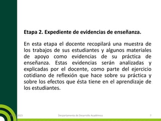 Etapa 2. Expediente de evidencias de enseñanza.
En esta etapa el docente recopilará una muestra de
los trabajos de sus estudiantes y algunos materiales
de apoyo como evidencias de su práctica de
enseñanza. Estas evidencias serán analizadas y
explicadas por el docente, como parte del ejercicio
cotidiano de reflexión que hace sobre su práctica y
sobre los efectos que ésta tiene en el aprendizaje de
los estudiantes.
20/11/2015 Derpartamento de Desarrollo Académico 7
 