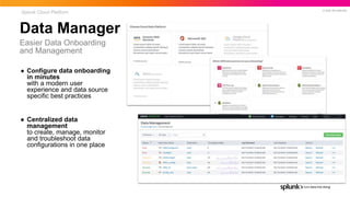© 2022 SPLUNK INC.
Data Manager
Easier Data Onboarding
and Management
● Configure data onboarding
in minutes
with a modern user
experience and data source
specific best practices
● Centralized data
management
to create, manage, monitor
and troubleshoot data
configurations in one place
Splunk Cloud Platform
 