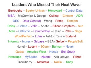 Burroughs – Sperry Univac – Honeywell – Control Data
MSA – McCormick & Dodge – Cullinet – Cincom – ADR
DEC – Data General ...