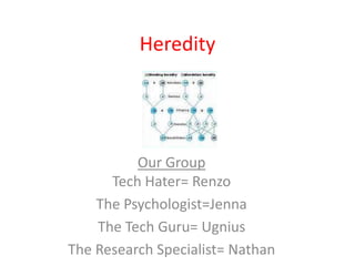 Heredity




          Our Group
      Tech Hater= Renzo
    The Psychologist=Jenna
    The Tech Guru= Ugnius
The Research Specialist= Nathan
 