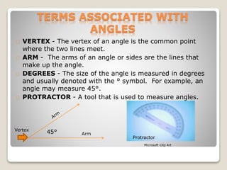 TERMS ASSOCIATED WITH
ANGLES
VERTEX - The vertex of an angle is the common point
where the two lines meet.
ARM - The arms of an angle or sides are the lines that
make up the angle.
DEGREES - The size of the angle is measured in degrees
and usually denoted with the ° symbol. For example, an
angle may measure 45°.
PROTRACTOR - A tool that is used to measure angles.
Arm
Vertex
45°
Protractor
Microsoft Clip Art
 